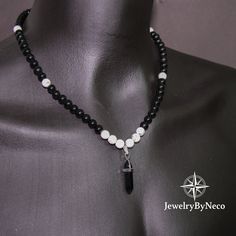 Natural Howlite Necklace With Onyx Pendant, Gemstone Beaded Necklace for Men and Women, Adjustable Protection Necklace, Cool Boho Necklace 🔵 The necklace in the photos is 23 inches. 🔴 There's definitely one for you. The necklace you are looking at has a stylish and unique design. Click to take a look at all the necklaces that will complete your elegance; 🔷 https://jewelrybyneco.etsy.com 🔷 🔵 Presented as stylish jewelry and produced using the highest quality natural stone beads, all of the necklaces are adjustable. Crystal natural stone jewelry are jewelry designs that are generally popular due to their aesthetic and metaphysical properties. It is a great option as a gift. Associating natural stones with energy is generally based on personal beliefs, cultural background or mystical app Beaded Necklace For Men, Howlite Necklace, Mens Beaded Necklaces, Handmade Beaded Necklace, Necklace Mens, Onyx Pendant, Handmade Beaded Necklaces, Natural Stones Necklace, Gemstone Beaded Necklace