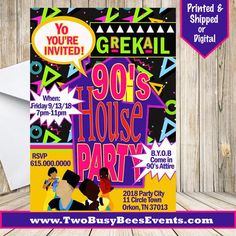 the 90's house party flyer is displayed on a wooden table with an envelope