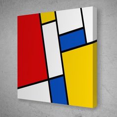 an abstract painting on the wall with red, yellow and blue squares