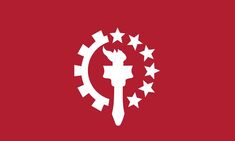 a red background with white stars and a wrench in the center on top of it