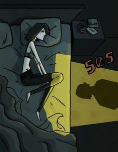 a drawing of a person sitting on a bed in the middle of a room with yellow and black walls