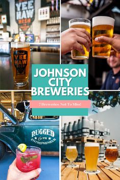 the collage shows different types of beer in glasses and on tables with people holding beers