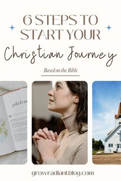 a woman standing in front of a church with the words 6 steps to start your christian journey