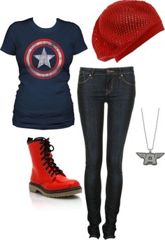 "Captian America All the Way =)" by hounsom on Polyvore Red Docs, Nerdy Outfits, Geeky Fashion, Super Hero Outfits, Red Converse