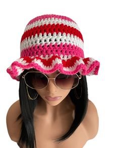 💕A crochet ruffle hat. Red/Pink/White. 💕Foldable and convenient. 💕One size fits most. 💕Acrylic yarn.  💕Hand wash is recommended.  💕 If you have any questions please send me a message.  💕 Happy Shopping! 🛍️ Red Crochet Wide Brim Hat, Red Wide Brim Crochet Hat, Red Crochet Hat For Spring, Red Brimmed Crochet Hat For Beach, Red Brimmed Crochet Hat For Summer, Red Brimmed Crochet Hat For Spring, Red Wide Brim Crochet Hat For Spring, Fun Pink Yarn Hat, Pink Bucket Hat For Vacation