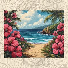 a painting of a tropical beach scene with pink flowers