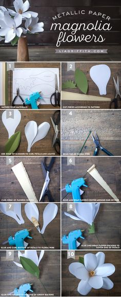 instructions to make paper flowers that are white and blue with green leaves on the stems