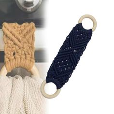 two different types of knitted items are hanging on the door handle and one has a ring