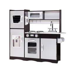 a white and black play kitchen with sink, stove, oven and microwave on it