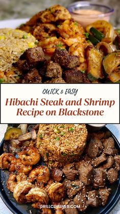 an image of a plate of food with the words hibash steak and shrimp recipe on it