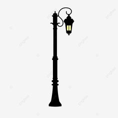 an old fashioned street lamp with a light on it's side silhouetted against a white background