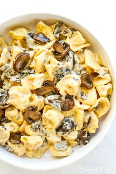 a white bowl filled with pasta covered in mushroom and cheese sauce on top of a table