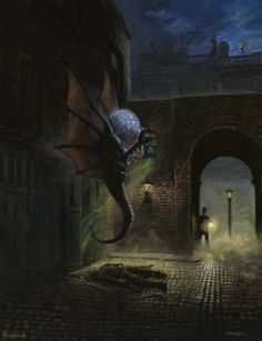 a dragon flying over a street next to a person on a bike in the dark