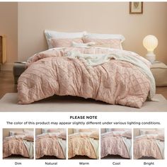 an image of a bed with pink comforter and pillows on it in four different pictures