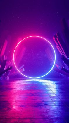 an abstract scene with neon lights and a circular object in the middle of the image