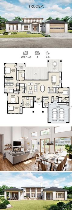 two story house plan with three levels and four rooms in the middle, one floor is open