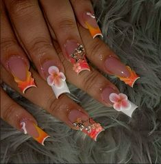 Brown Nails 3d Flowers, Orange Nails Summer Design, Airbrush Flower Nails, Tropical Orange Nails, Multi Color Flower Nails, Nail Ideas For Mexico, Colorful Bright Nails, Orange Junk Nails, Sunset Nails Acrylic