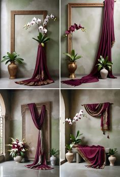 four different shots of flowers in vases and drapes on the windowsill, along with curtains draped around them