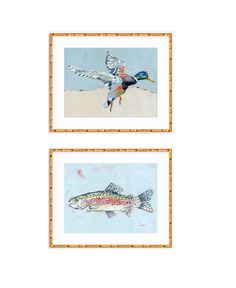 two paintings of birds and fish on the wall