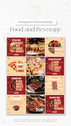 an advertisement for food and beverage with images of different types of pizzas on it