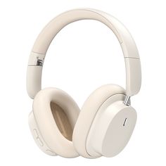 the headphones are white and have wooden buttons on each one side, which is attached to