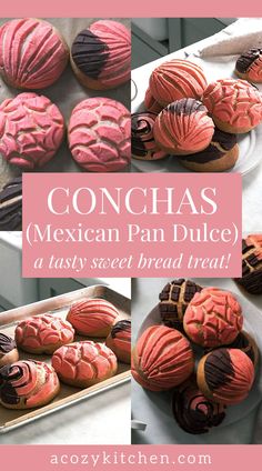 mexican pan dulces with text overlay that reads conchas mexican pan dulce, a tasty sweet bread treat