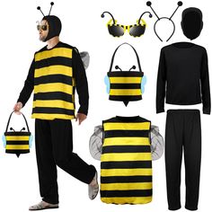 a man in a bee costume with sunglasses on his head and two bags to carry