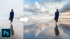 a woman is walking on the beach with clouds in the background and an arrow pointing to the right