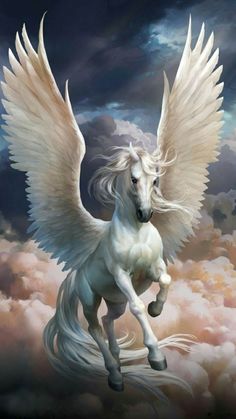 a white horse with wings flying through the sky