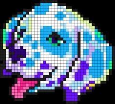 a cross - stitch pattern of a dog's head in blue, purple, and green