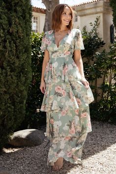 Montaigne Ruffle Maxi Dress | Sage Floral Sage Background, Sage Green Maxi Dress, Floral Dress Pink, Summer Formal Dresses, Dress Sage, Dusty Sage, Ruffle Maxi Dress, Baltic Born, Boho Style Outfits