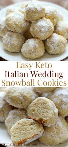 easy keto italian wedding snowball cookies on a white plate with text overlay