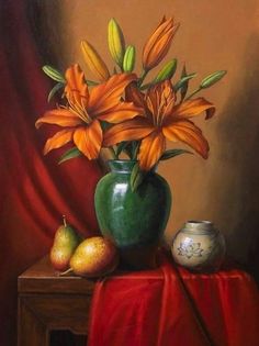 a painting of orange lilies in a green vase on a red table cloth with pears