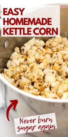 an easy homemade kettle corn recipe in a pot with instructions for how to make it