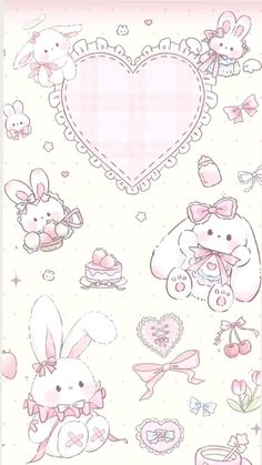 a pink and white wallpaper with many different items on it's side, including a heart shaped frame