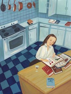 a painting of a woman sitting at a kitchen counter reading a book