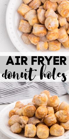 air fryer donut holes on a white plate with the words, air fryer donut holes