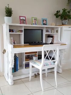 a white desk with a computer on top of it