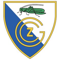 a green insect sitting on top of a blue and yellow shield with the letter g