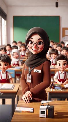 an animated character standing in front of a classroom full of children with their teacher's desks