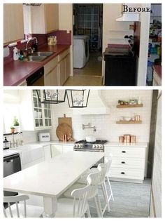 before and after photos of a kitchen with white cabinets, counter tops, and appliances