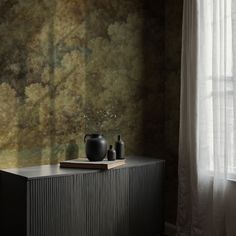 two black vases sitting on top of a wooden cabinet in front of a window