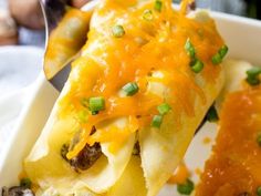 a close up of a plate of food with cheese and green onions on the side