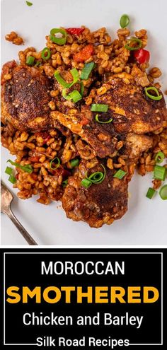 moroccan smothered chicken and barley skillet recipe on a white plate with text overlay