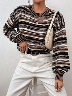 Style Désinvolte Chic, Lantern Sleeve Sweater, Style Casual Chic, Inspired Outfits, Color Block Sweater, Striped Sweater, Lantern Sleeves, Striped Knit