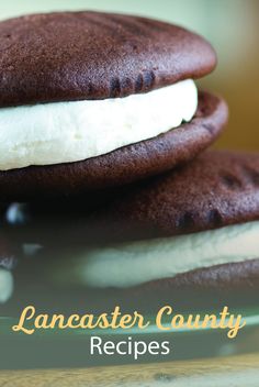 two chocolate cookies with ice cream on top and the words lancaster county recipes above them