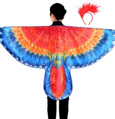 a person wearing a colorful bird costume with feathers on their back and wings spread out