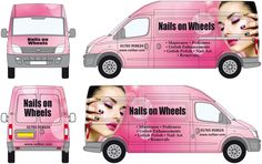 three pink van wrappers for nails on wheels, including one with a woman's face