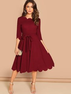 Scallop Trim Fit & Flare Dress With Belt | EMERY ROSE Natural Clothing, Scallop Trim, Dress With Belt, Loungewear Set, Dress Zipper, 50's Dress, Belted Dress, Fit Flare Dress, Dress P