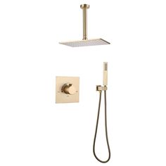 an overhead shower head with thermostaer and hand showerhead in brushed brass